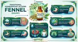 Homeopathic health benefits of fennel with illustrations and text on a green background. Carminative – helps reduce gas & bloating, Antispasmodic – eases abdominal cramps