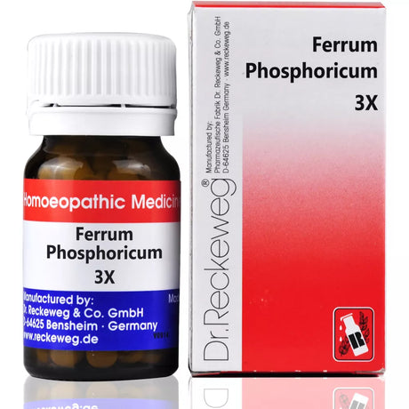 Homoeopathic medicine bottle and new packaging of Ferrum Phosphoricum 3X by Dr. Reckeweg.