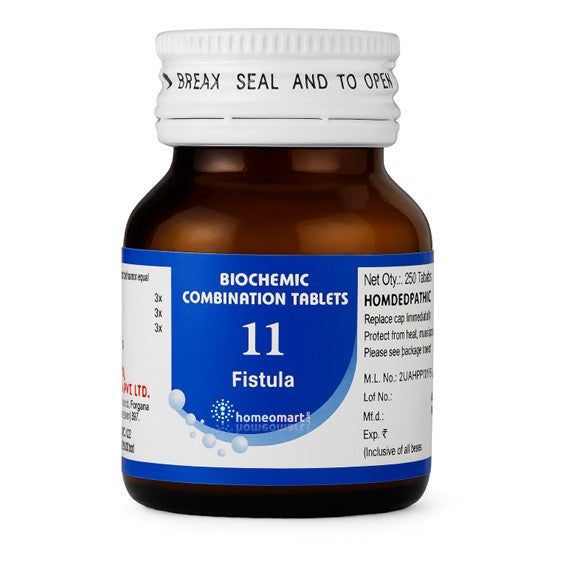 Bottle of Biochemic Combination Tablets 11 Fistula with a white cap on a white background
