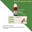 Homeopathy flu preventive remedy packaging with text on a green and white background