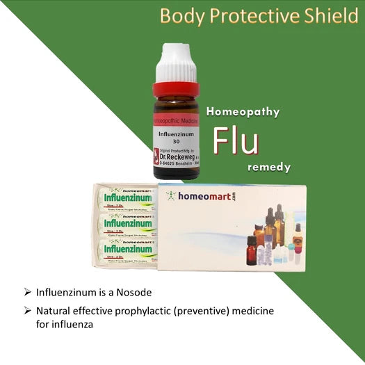 Homeopathy flu preventive remedy packaging with text on a green and white background