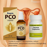 Fourrts PCO Liquid and Calcarea Sulphurica homeopathic medicine bottles with an illustration of a female reproductive system.