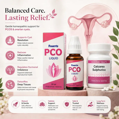 Fourrts PCO Liquid and Calcarea Sulphurica homeopathic medicine bottles with an illustration of a female reproductive system.