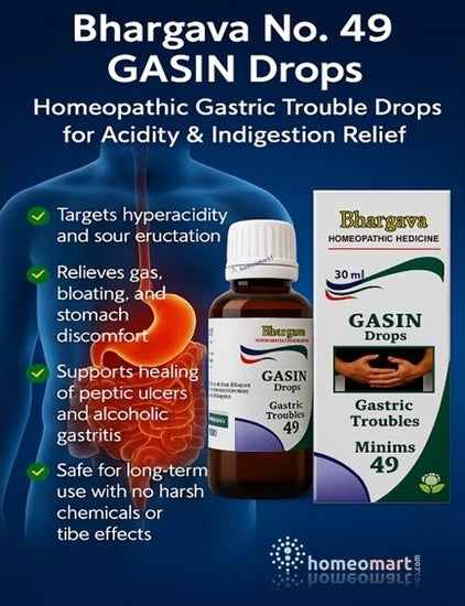 Bhargava No. 49 GASIN Drops advertisement with bottle and packaging on a blue background and text on gastric trouble relief