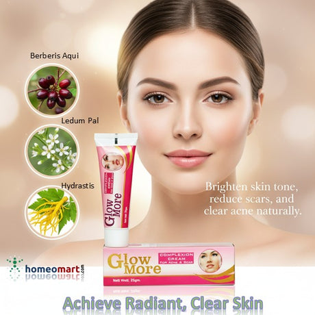 Advertisement for Glow More skin care product with a woman's face and natural ingredients on a beige background.