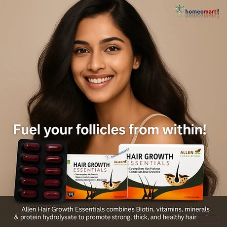 Fuel your follicles from within! Allen Hair Growth Essentials combines Biotin, vitamins, minerals & protein hydrolysate to promote strong, thick, and healthy hair—naturally.