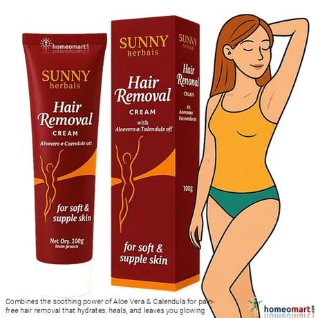 Sunny Herbals Hair Removal Cream packaging with a woman illustration on a white background