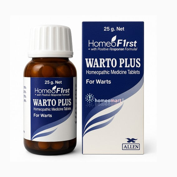 Homeopathic medicine bottle and packaging of Warto Plus on a white background
