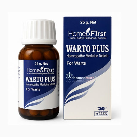 Homeopathic medicine bottle and packaging of Warto Plus on a white background