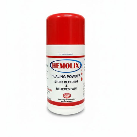 Hemolix healing powder container with red and white design on a white background