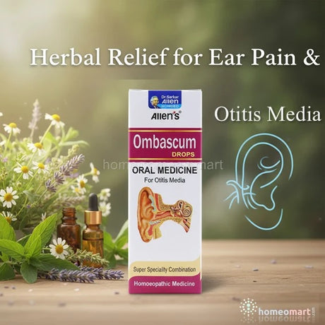 image showing a ear drop bottle with herbal medicine background and text indicating benefits in ear pain otitis
