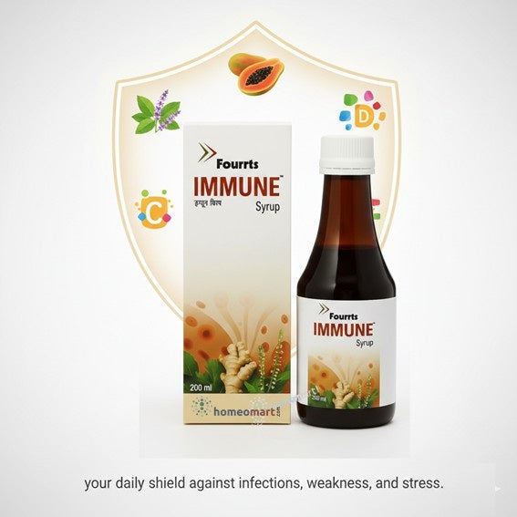 Fourt's Immune Syrup bottle and packaging on a white background showing papaya , tulsi on a defense shield 