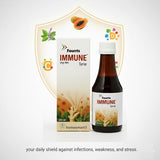 Fourt's Immune Syrup bottle and packaging on a white background showing papaya , tulsi on a defense shield 
