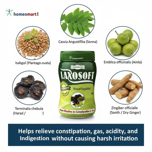 Larosoft bowel regulator packaging with herbal  ingredients on a white background