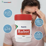 Fourrds Rubor Action Balm bottle with a person experiencing headache and sinus pressure on a gray background.