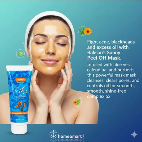 Person applying a herbal peel-off mask with Baskon's Sunny Peel Off Mask packaging displayed.
