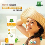 Woman wearing a sun hat with a tube of sunscreen and promotional text for Boerickie & Tafel on a light background.