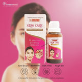 illustration of a lady with glowing complexion with a botlle and skin benefits 