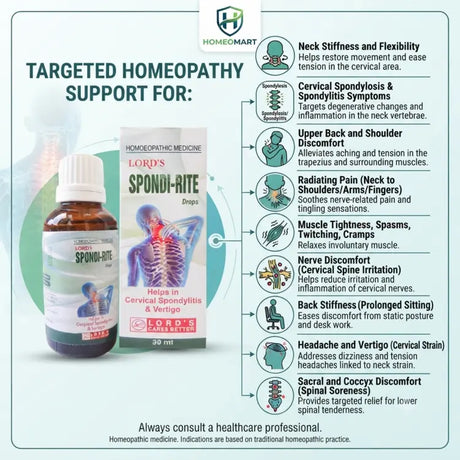 cervical pain relief homeopathy, homeopathic spinal support, homeopathic back pain drops, buy Lord's Spondi-Rite Drops, cervical spondylosis drops, homeopathic neck stiffness remedy