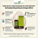 Schwabe, Bryorheum, Bryorheum Drops, rheumatism, rheumatic pain, joint discomfort, joint stiffness, muscle pain, joint pain, arthritis support, homeopathy, German homeopathy, Bryonia Alba, Rhus Tox, Dulcamara, Phytolacca, Gnaphalium, weather sensitive pain, cold damp weather, 20ml drops