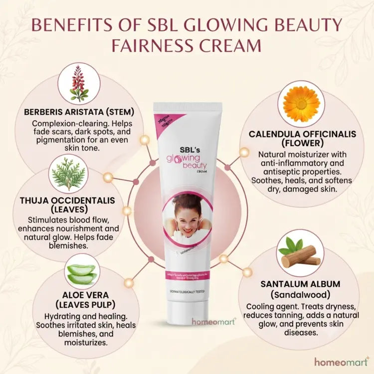 Glowing Beauty Cream, Fairness Cream, Skin Brightening, Glowing Skin, Face Cream, Herbal Skin Care, Aloe Vera, Berberis Aristata, Calendula, Thuja Occidentalis, Sandalwood, Santalum Album, Vitamin B3, Pigmentation, Dark Spots