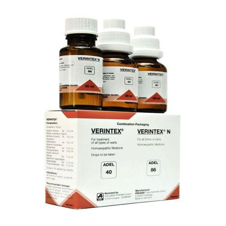 verintex, adel, wart treatment, wart medicine, wart remedy, wart drops, homeopathy, homeopathic medicine, homeopathic drops, thuja occidentalis, acidum nitricum, nitric acid, causticum, ruta graveolens, silicea, acidum silicicum, dulcamara, solanum dulcamara, antimonium crudum, staphysagria, recurrent warts, common warts, vulgar warts, plantar warts, juvenile warts, finger warts, viral warts, hyperkeratosis, skin growths, constitutional remedy, german homeopathy, oral drops, immune support, skin health, rec
