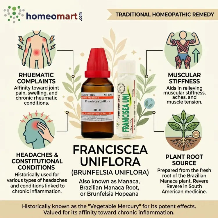 homeopathic medicine for rheumatism, homeopathic remedy for muscle stiffness, homeopathic medicine for headaches, remedy for rheumatic pain, german homeopathic dilution, homeopathy for joint pain, franciscea uniflora uses
