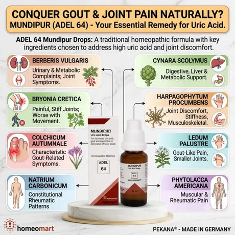 Adel 64 for uric acid, Adel 64 for gout, Adel 64 Mundipur for high uric acid, homeopathic medicine for elevated uric acid, homeopathic drops for gout symptoms, German homeopathy for gout, homeopathy for uric acid related joint pain, homeopathic remedy for gout and joint stiffness, Colchicum Autumnale, Berberis Vulgaris, Bryonia Cretica, Cynara Scolymus, Harpagophytum, Ledum Palustre, Natrium Carbonicum, Phytolacca Americana,
