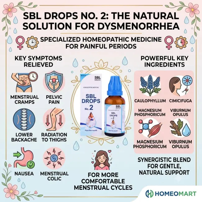 SBL Drops No 2 uses, SBL menstrual drops, natural remedy for menstrual cramps, homeopathy for period pain, menstrual colic medicine, painful periods treatment, uterine cramps homeopathy, SBL women's health