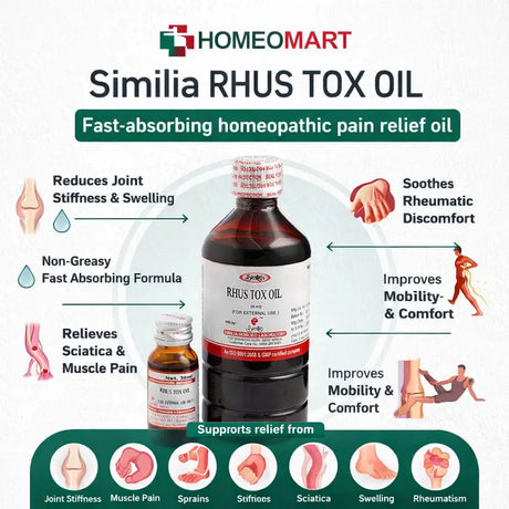 rheumatic pain homeopathic oil, homeopathic oil for sprains, muscle stiffness oil, natural pain relief massage oil, Rhus tox medicated oil, homeopathic anti inflammatory oil, fast absorbing pain relief oil