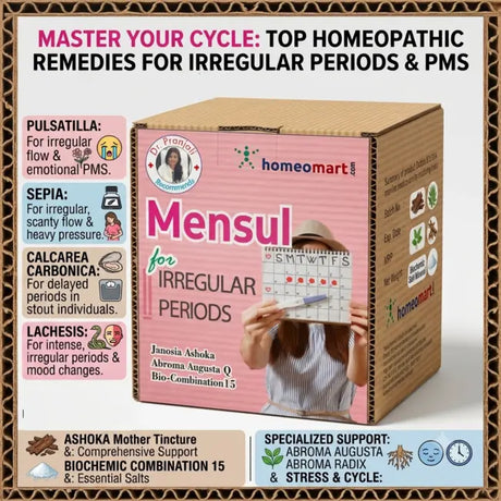 homeopathy for irregular menstrual cycles, homeopathic remedies for irregular periods, homeopathy for delayed and irregular periods, homeopathic support for scanty menstrual flow, homeopathy for changing menstrual flow, homeopathy for PMS and irregular periods, Pulsatilla for irregular periods, Sepia for irregular periods, Calcarea carbonica for delayed periods, Lachesis for irregular menstruation, Abroma Augusta for menstrual complaints, Abroma Radix for painful periods, Ashoka mother tincture for menstrua