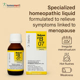 Dr. Balkshis #B 07 Climacteric Drops bottle and packaging on a beige background with text about menopause symptoms.