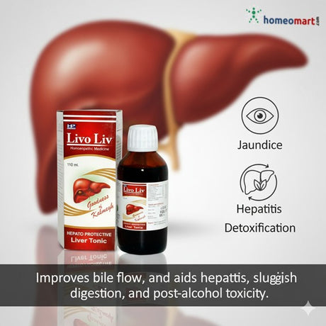 Livo Liv liver tonic product with liver illustration and benefits on a white background
