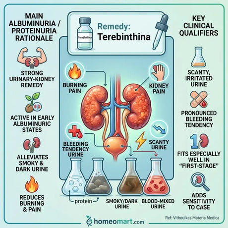 clinical indications for Terebinthina in early-stage albuminuria, homeopathy for proteinuria