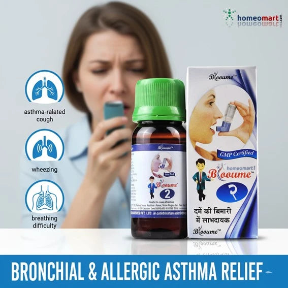 Bottle and packaging of a bronchial and allergic asthma relief product with a woman using a inhalator 
