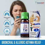Bottle and packaging of a bronchial and allergic asthma relief product with a woman using a inhalator 