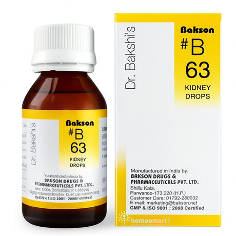 Dr. Bakshi's Bakson #B 63 Kidney Drops bottle and packaging on a white background