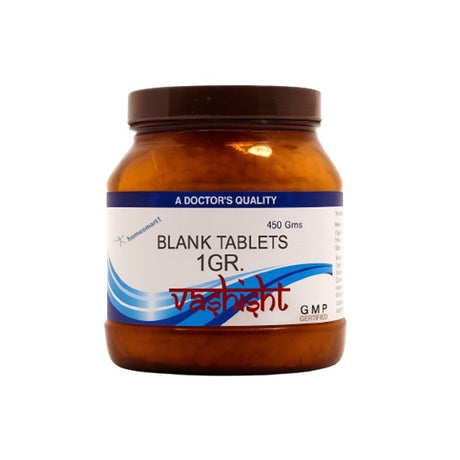 Jar of blank tablets with a label on a white background. Homeopathy Blank Tablets 1 grain in 450 gram jar