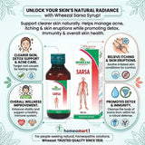 Wheezal Sarsa Syrup packaging with product details (health benefits of blood purifier syrup)  on a white background. homeopathic skin care, acne natural remedy, neem for skin health, sarsaparilla benefits skin, herbal detox for skin, homeopathy for skin problems, sarsa syrup benefits, natural detox medicine for skin, blood cleansing syrup homeopathy, remedy for acne homeopathy, psoriasis support homeopathy, neem blood purifier medicine, immune boosting homeopathy syrup, detox and skin care homeopathy, natur