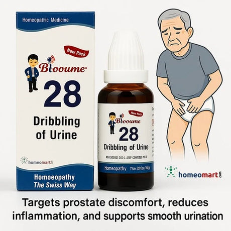 Blooume 28 homeopathic medicine packaging and bottle with an illustration of a aged man experiencing urinary issues.