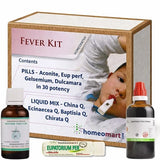 Homeopathy fever kit with bottles and packaging on a white background