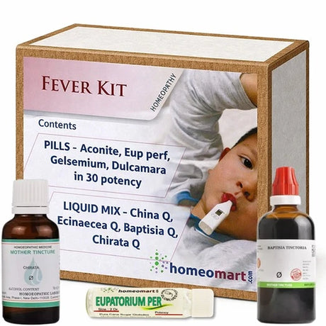 Homeopathy fever kit with bottles and packaging on a white background
