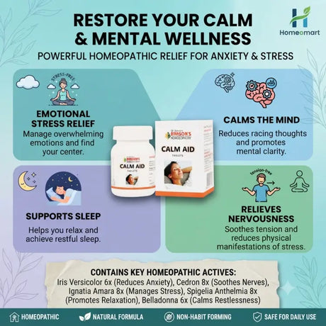 Bakson, Calm Aid, Calm Aid Tablets, Anxiety Relief, Stress Relief, Nervousness, Emotional Stress, Mental Wellness, Calm Mind, Sleep Support, Restlessness, Homeopathy, Homeopathic Tablets, Ignatia Amara, Belladonna, Cedron, Iris Versicolor, Spigelia, Relaxation, Nervous System, Emotional Health, Natural Calm, Non Habit Forming