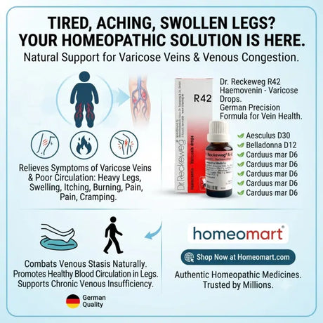 R42 medicine for itching due to varicose veins, homeopathy for spider veins and leg pain, remedy for tired aching legs, natural support for chronic venous insufficiency, medicine for leg cramps caused by poor circulation, homeopathy for swollen leg veins, remedy for varicose vein inflammation,