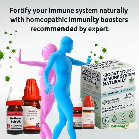 Homeopathic immunity boosters with a blue figure and text promoting natural immune system fortification.