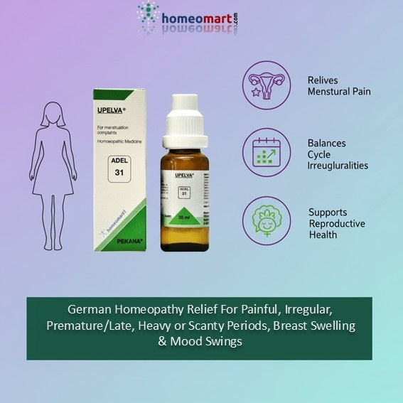 Homeopathy medicine packaging with bottle and box on a gradient background, featuring HomeoMart branding.