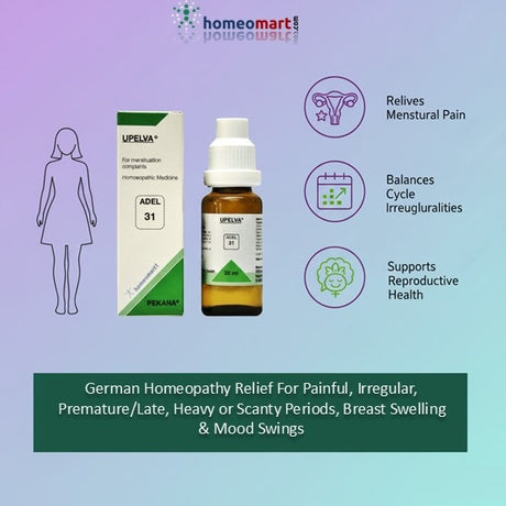 Homeopathy medicine packaging with bottle and box on a gradient background, featuring HomeoMart branding.