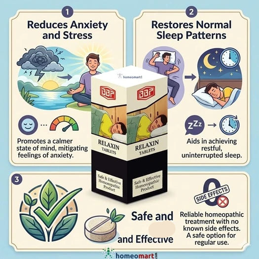 BBP relaxin tablets with infographic showing stress anxiety relief, normal relaxed sleep 