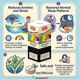 BBP relaxin tablets with infographic showing stress anxiety relief, normal relaxed sleep 