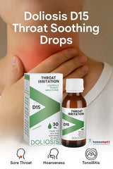 Doliosis D15 Throat Soothing Drops packaging and bottle with a person holding their sore red throat.